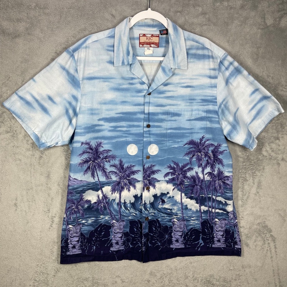 RJC Hawaiian Shirt Mens XL Blue Tiki Surfer Palm Tree‎ Cotton Camp Button Down
